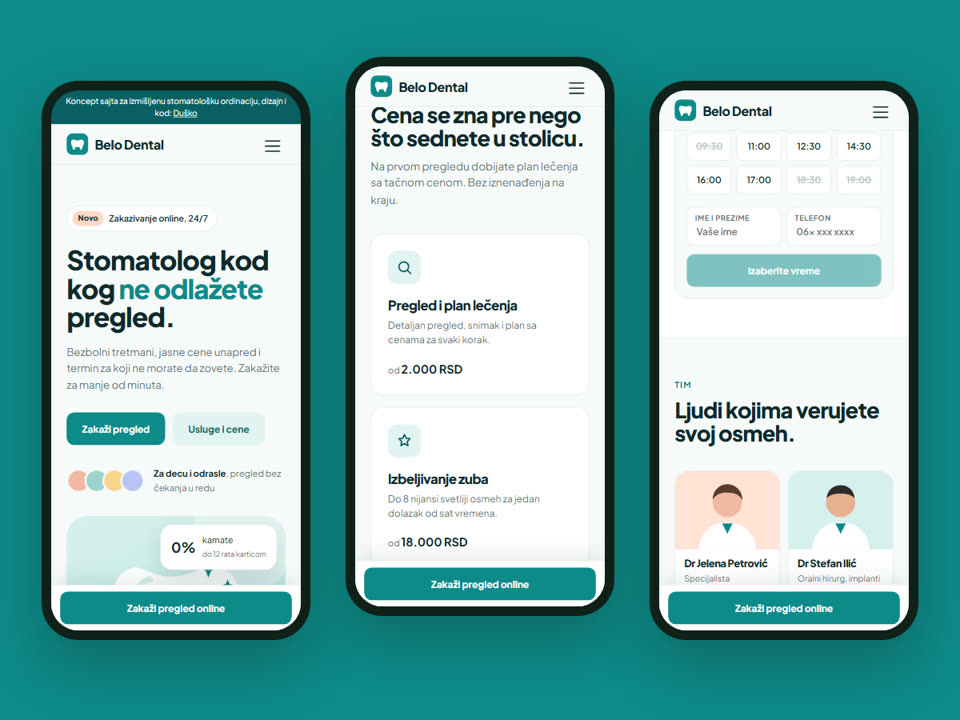 The dental clinic website on three phone screens