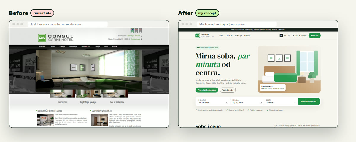 The current hotel website next to my redesign