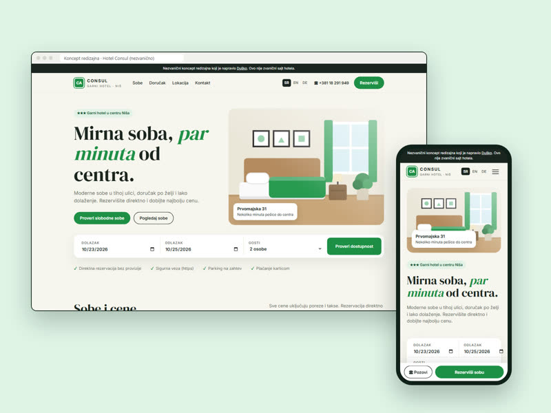 Hotel Consul redesign concept on desktop and phone