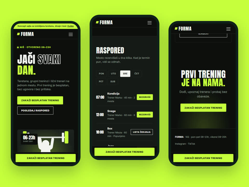 The gym website on three phone screens