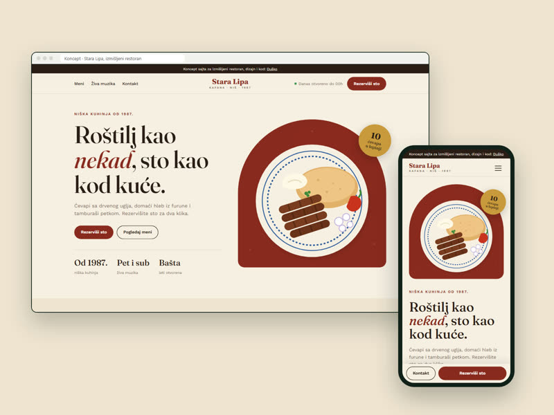Stara Lipa restaurant website concept on desktop and phone