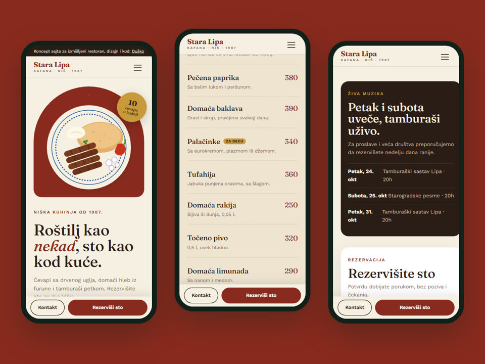 The restaurant website on three phone screens